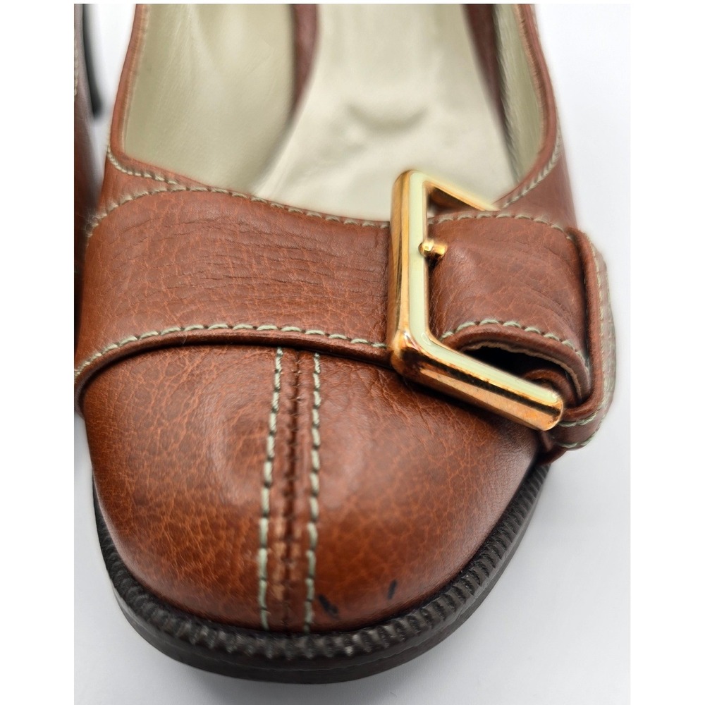 Vintage Furla Brown Leather Pumps Y2K Corporate Chic Buckle Block Heel 38 US 8 - Picture 3 of 14